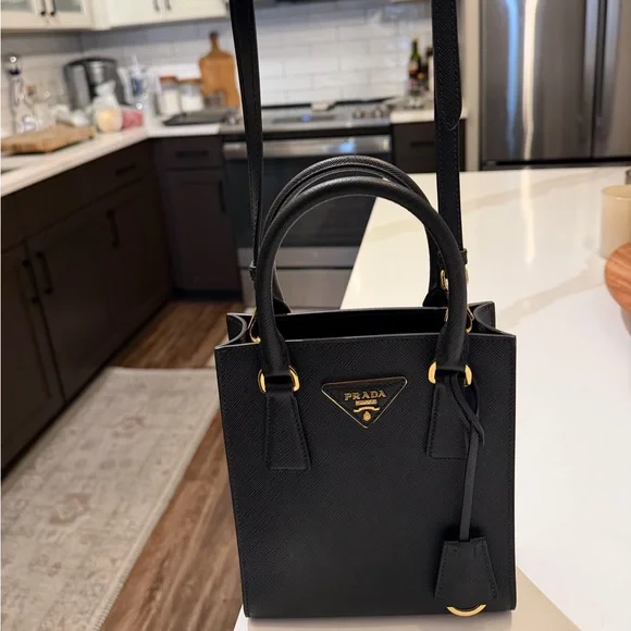 Prada Black Saffiano Leather Vertical Satchel with Gold Hardware - Picture 6 of 8